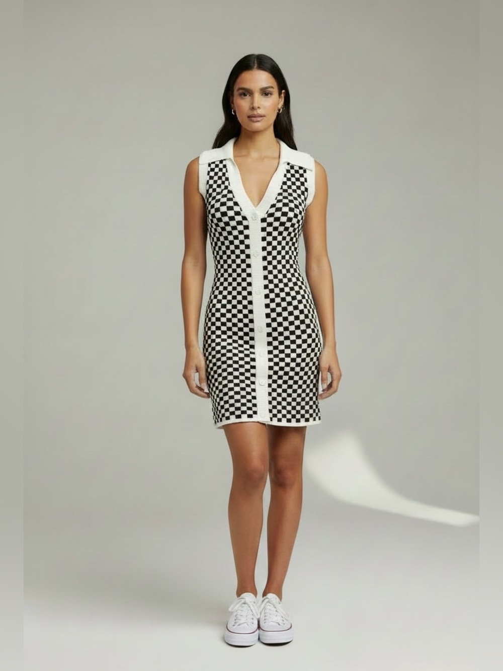 Blue Blush Black White Checkered Checkerboard Knit Mini Polo Dress S